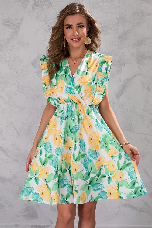Summer New Plus Size Flower & Leaf Batch Printing Inelastic Ruffle V-Neck Sleeveless Casual Mini Dress - Vougese