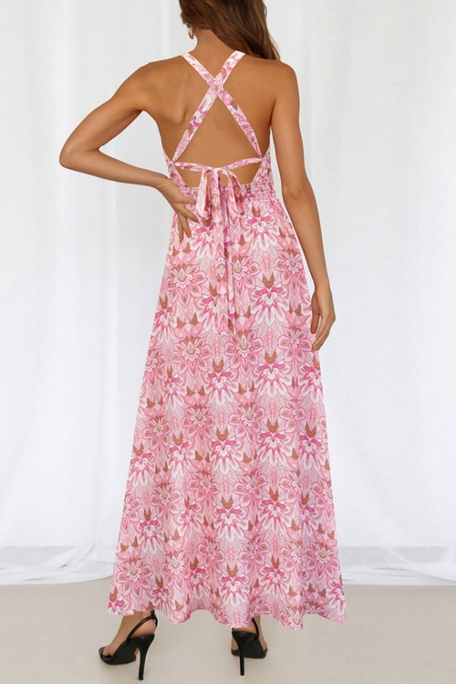 Summer New Plus Size Inelastic Batch Printing Halter Neck Backless Lace-Up Split Stylish Sexy Maxi Dress - Vougese