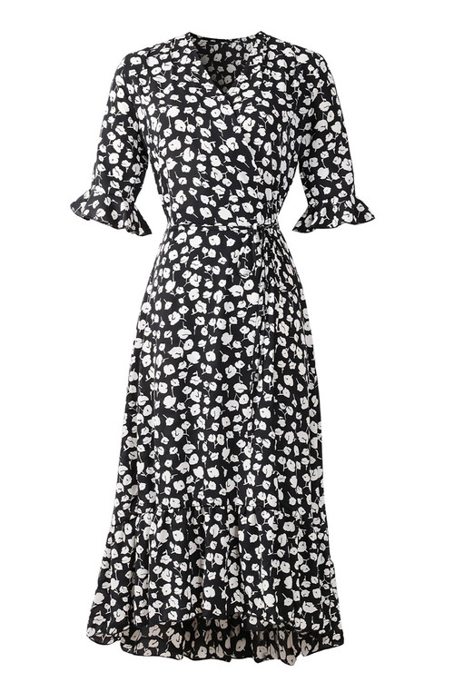 Summer New Plus Size Inelastic Floral Batch Printing V-Neck Elbow Sleeves Ruffle Lace-Up Split Casual Midi Dress - Vougese