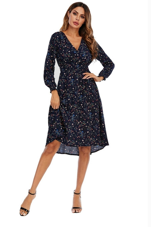 Summer New Plus Size Inelastic Floral Batch Printing V-Neck Long Sleeves Stylish Casual Midi Dress - Vougese