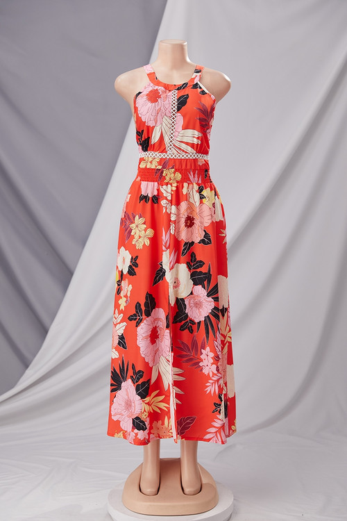 Summer New Plus Size Inelastic Flower And Leaves Batch Printing Halter Neck Backless Lace-Up Split Stylish Sexy Maxi Dress - Vougese