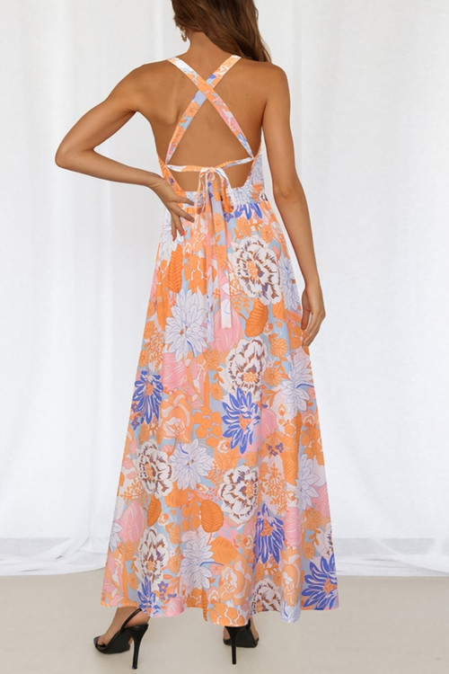Summer New Plus Size Inelastic Flower Batch Printing Halter Neck Backless Lace-Up Split Stylish Sexy Maxi Dress - Vougese