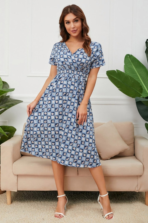 Summer New Plus Size Inelastic Flower Batch Printing V-Neck Short Sleeves Casual Midi Dress - Vougese