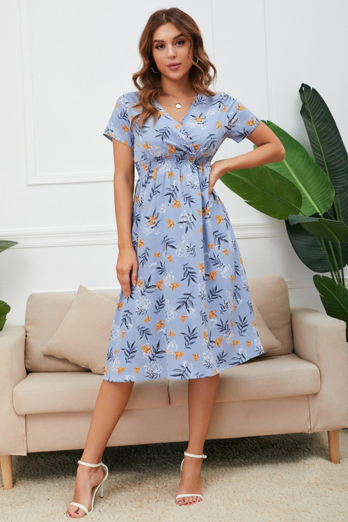 Summer New Plus Size Inelastic Flower & Leaf Batch Printing V-Neck Short Sleeves Casual Midi Dress - Vougese