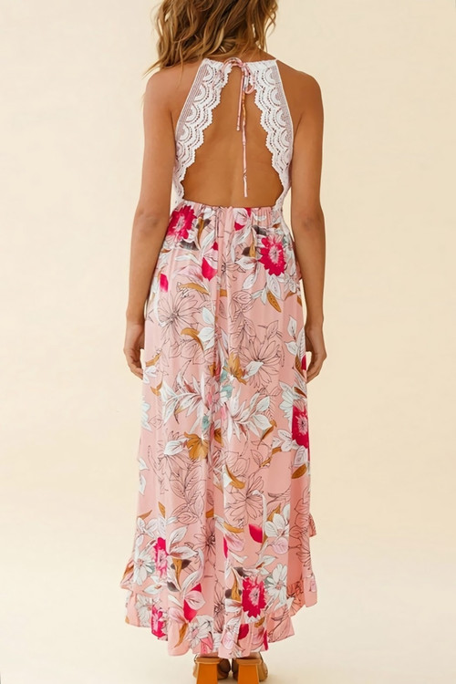 Summer New Plus Size Inelastic Lace Flower Batch Printing Deep V Neck Backless Lace-Up Irregular Sling Sexy Maxi Dress - Vougese