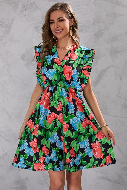 Summer New Plus Size Inelastic Leaf & Flower Batch Printing Ruffle V-Neck Sleeveless Casual Mini Dress Floral Dresses - Vougese