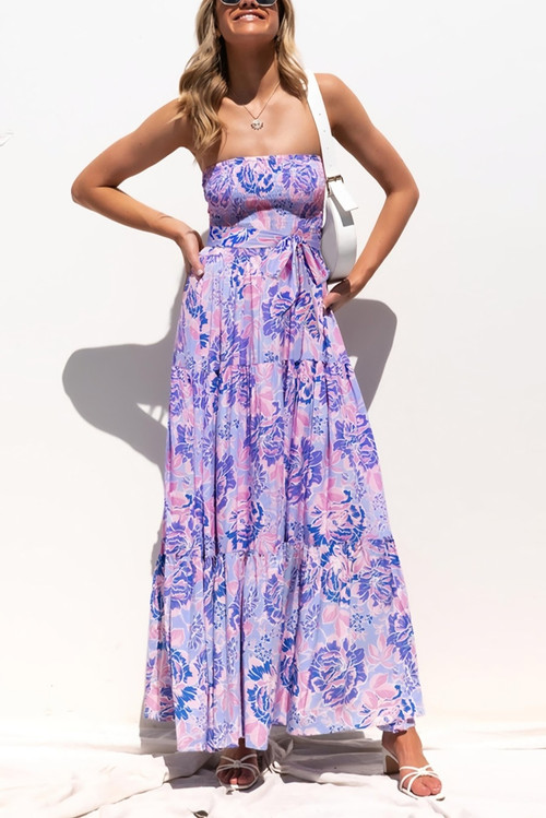 Summer New Plus Size Stretch Flower Batch Printing Tube Top Backless Casual Maxi Dress(With Belt) - Vougese