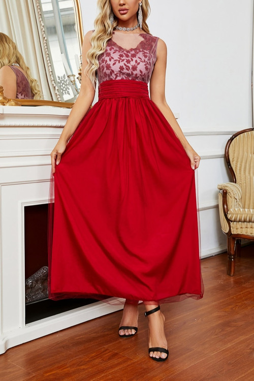 Summer New See Through Mesh Flower Embroidered Double-Layer Patchwork Micro-Elastic Backless Elegant Maxi Dress Elegant&Ol Dresses - Vougese