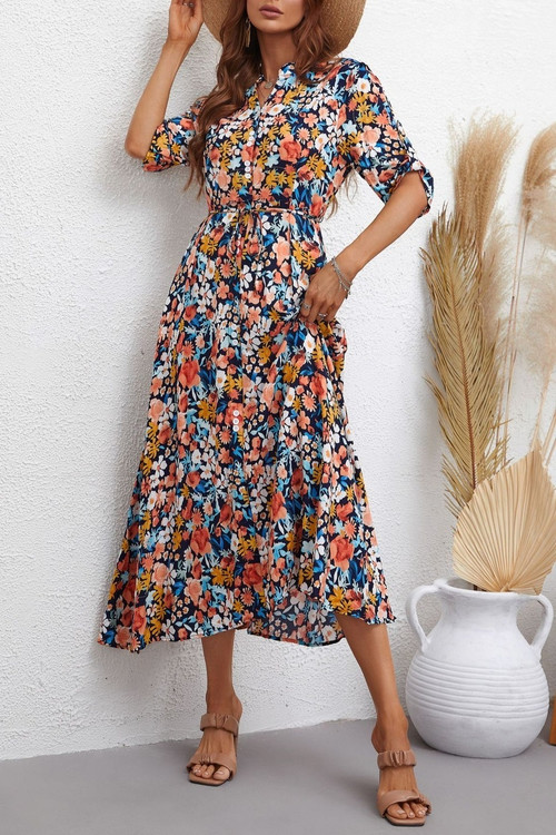 Summer New Stylish 3 Colors Floral Batch Printing Inelastic With Belt Single-Breasted Casual Midi Dress - Vougese