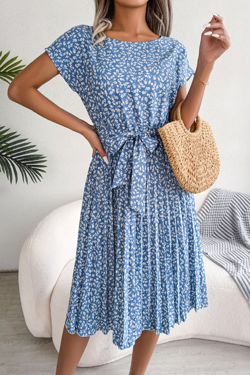 Summer New Stylish 3 Colors Inelastic Floral Batch Printing Short Sleeves With Belt Pleated Casual Midi Dress - Vougese