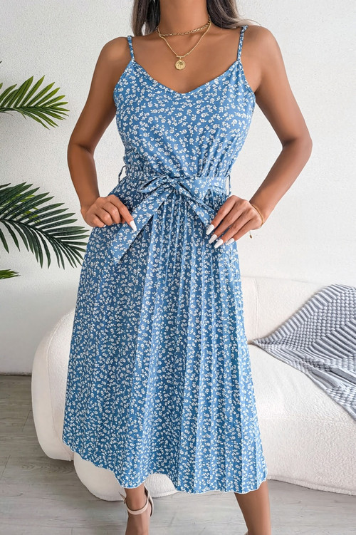 Summer New Stylish 3 Colors Inelastic Floral Batch Printing Sling Backless Pleated With Belt Casual Midi Dress - Vougese