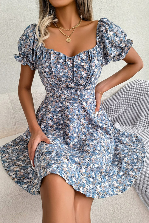 Summer New Stylish 3 Colors Inelastic Floral Batch Printing Square Neckline Lace-Up Ruffle Casual Mini Dress - Vougese