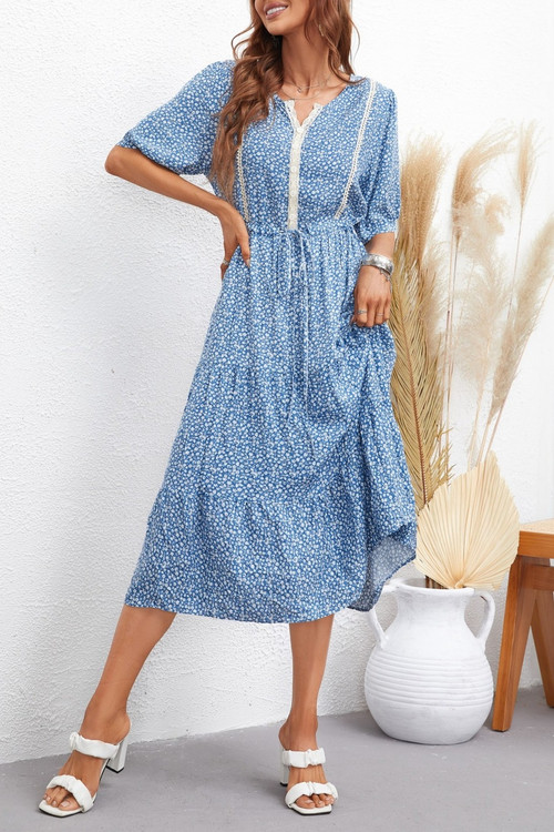 Summer New Stylish 3 Colors Inelastic Floral Printed Lace Spliced Single-Breasted Lace-Up Casual Midi Dress - Vougese