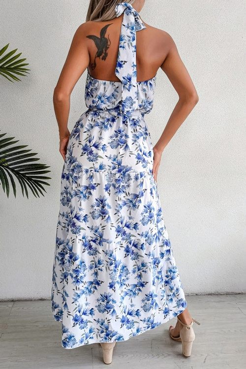 Summer New Stylish 3 Colors Micro Elastic Floral Batch Printing Halter-Neck Lace-Up Backless With Belt Sexy Maxi Dress - Vougese