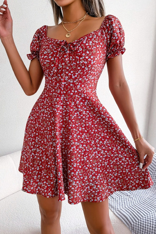 Summer New Stylish 3 Colors Micro Elastic Floral Batch Printing Square Neckline Short Sleeves Casual Mini Dress Dresses - Vougese