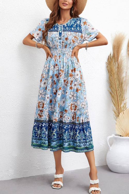 Summer New Stylish 3 Colors Micro Elastic Flower Printing Short Sleeves V-Neck Single-Breasted Casual Midi Dress - Vougese
