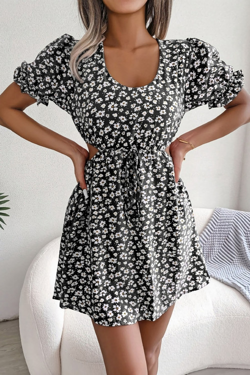 Summer New Stylish 3 Colors Micro Elastic Lace-Up Hollow Floral Batch Printing Short Sleeves Casual Mini Dress - Vougese