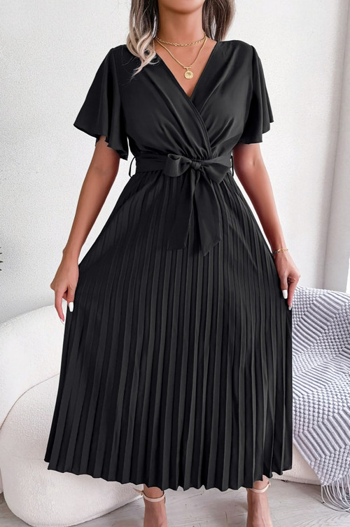 Summer New Stylish 3 Colors Solid Color Inelastic V-Neck With Belt Pleated Casual Maxi Dress - Vougese