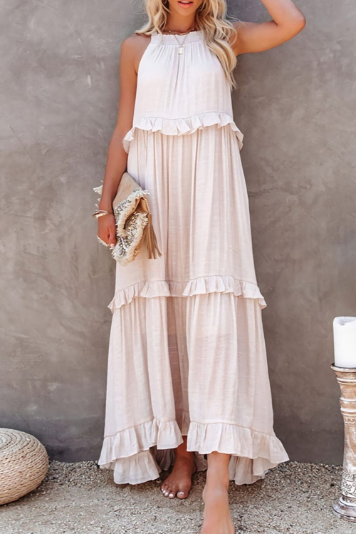 Summer New Stylish 3 Colors Solid Color Micro Elastic Sleeveless Lace-Up Ruffle Loose Casual Maxi Dress - Vougese