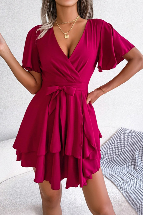 Summer New Stylish 3 Colors Solid Color Micro Elastic V-Neck Ruffle With Belt Irregular Casual Mini Dress - Vougese