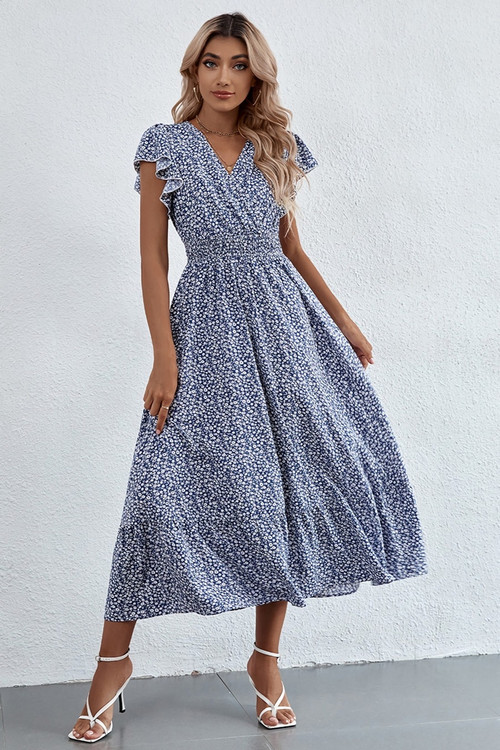 Summer New Stylish Batch Printing Inelastic Loose V-Neck Ruffled Casual Midi Dress - Vougese