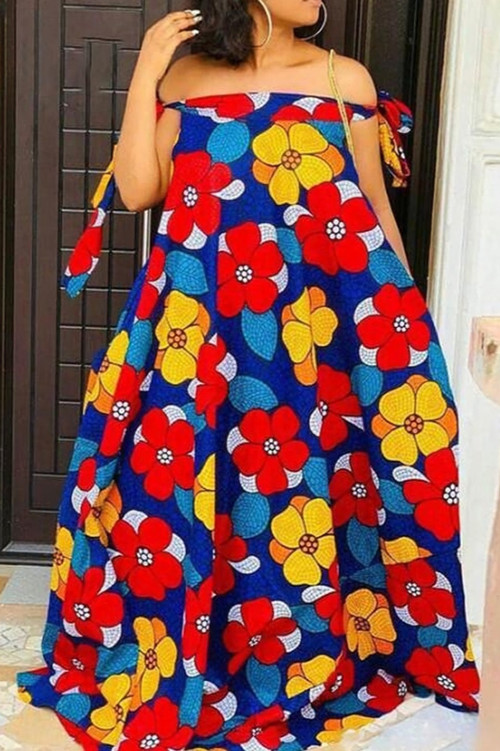 Summer New Stylish Batch Printing Inelastic Off-Shoulder Loose Plus Size Casual Maxi Dress - Vougese