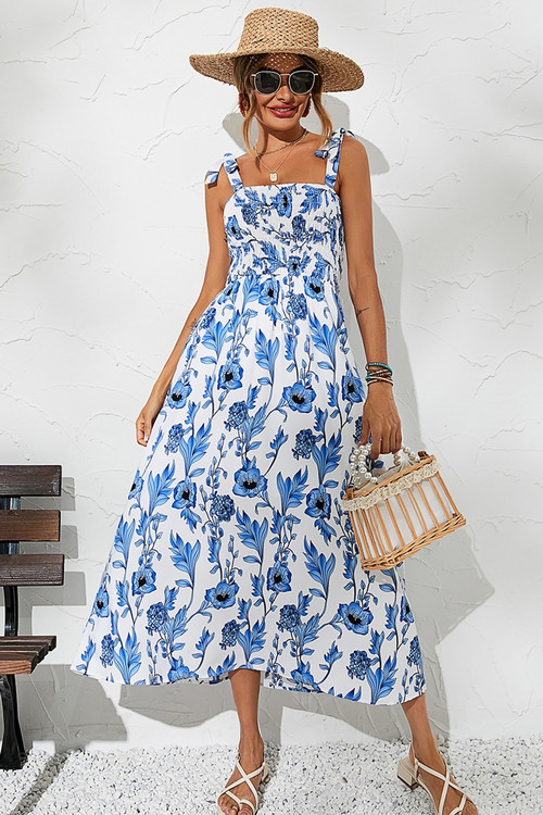 Summer New Stylish Batch Printing Inelastic Sling Pleated Backless Casual Midi Dress - Vougese