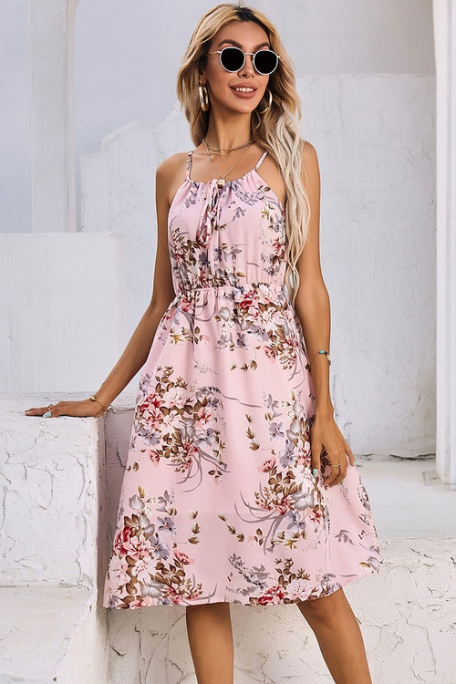 Summer New Stylish Batch Printing Inelastic Sling Pleated Sleeveless Casual Midi Dress - Vougese