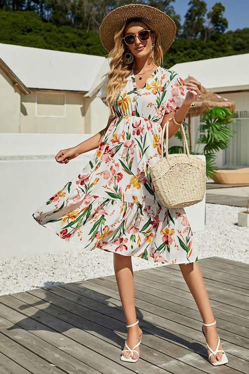 Summer New Stylish Batch Printing Inelastic V-Neck Casual Midi Dress - Vougese
