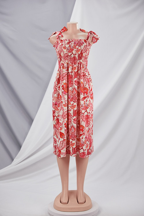 Summer New Stylish Batch Printing Sling Micro Elastic Pleated Casual Midi Dress - Vougese