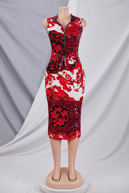 Summer New Stylish Batch Printing Stretch Slim Zip-Up With Belt Plus Size Sleeveless Casual Midi Dress - Vougese