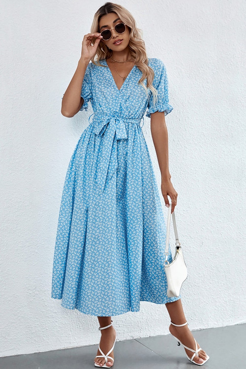 Summer New Stylish Batch Printing V-Neck Inelastic With Belt Ruffle Sleeve Casual Midi Dress - Vougese