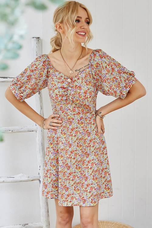 Summer New Stylish Batch Printing Zip-Up Inelastic Lantern Sleeve Casual Mini Dress - Vougese