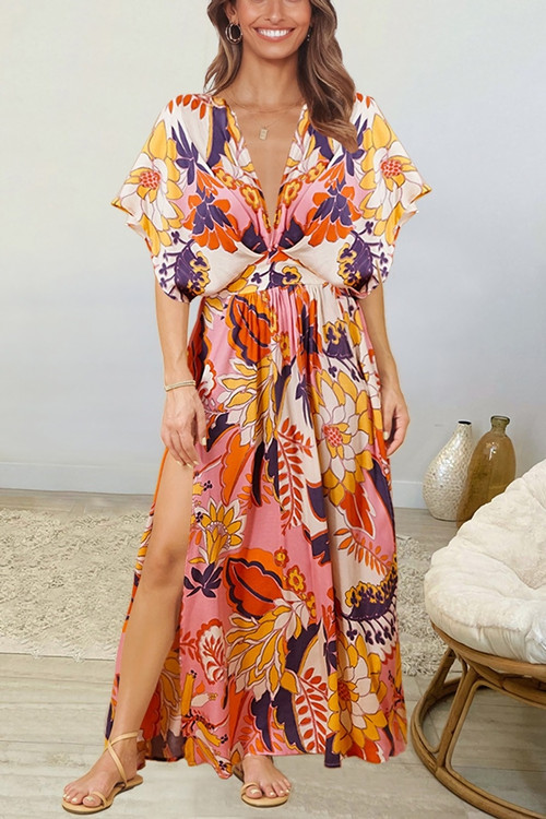Summer New Stylish Deep V Neckline High Slit 4 Colors Non-Elastic Hollow Batch Printing S-2Xl Casual Maxi Dress - Vougese