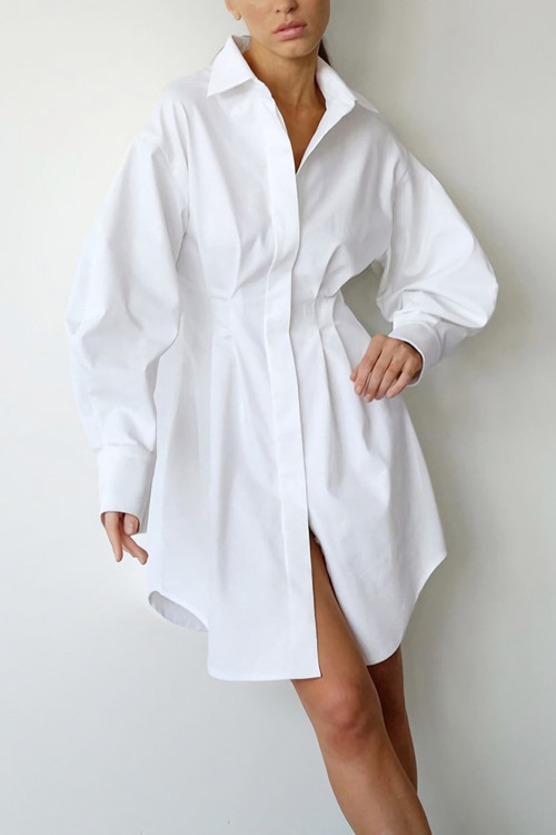 Summer New Stylish Five Colors Lapel Button Long Sleeve Shirring Casual Mini Dress - Vougese