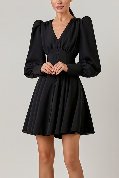 Summer New Stylish Five Colors V-Neck Puff Long Sleeves Solid Color Button Inelastic Casual Mini Dress - Vougese