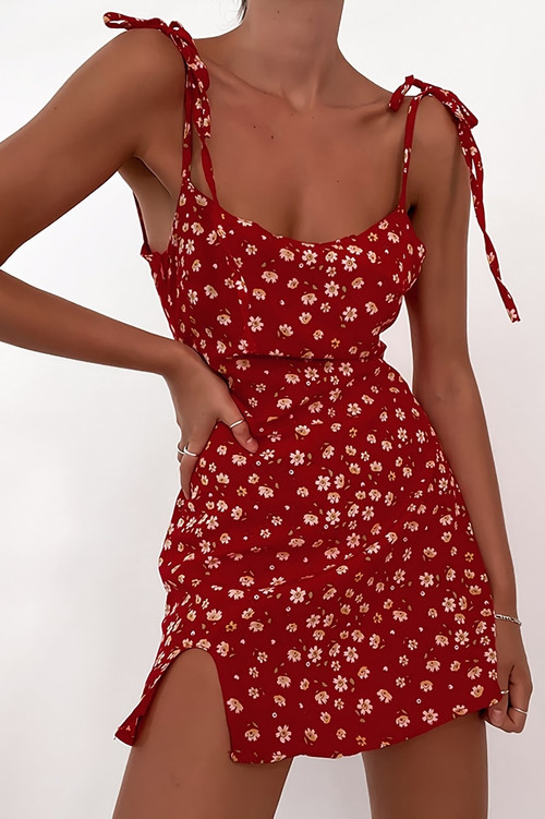 Summer New Stylish Floral Batch Printing Backless Lace-Up Sling Slit Zip-Up Inelastic Sexy Mini Dress - Vougese
