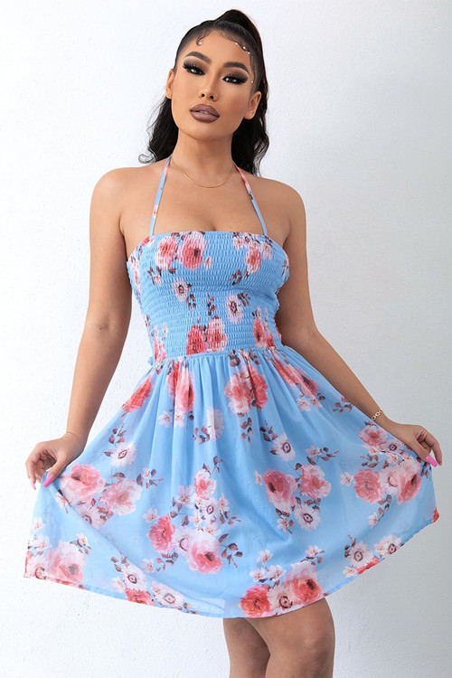 Summer New Stylish Floral Batch Printing Halter-Neck Lace-Up Backless Micro-Elastic Vacation Style Sexy Mini Dress - Vougese