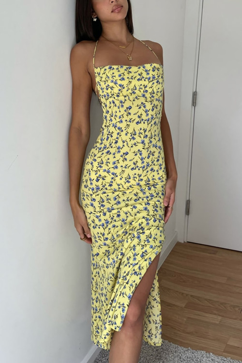 Summer New Stylish Floral Batch Printing Halter-Neck Lace-Up Hollow Stretch High Slit Backless Sexy Midi Dress - Vougese