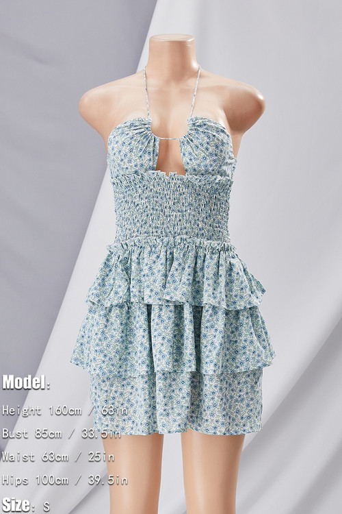 Summer New Stylish Floral Batch Printing Hollow Stretch Halter-Neck Lace-Up Ruffle Backless Sexy Mini Dress - Vougese