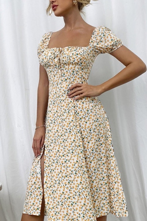 Summer New Stylish Floral Batch Printing Inelastic High Split Square Neckline Hollow Lace-Up Casual Midi Dress - Vougese