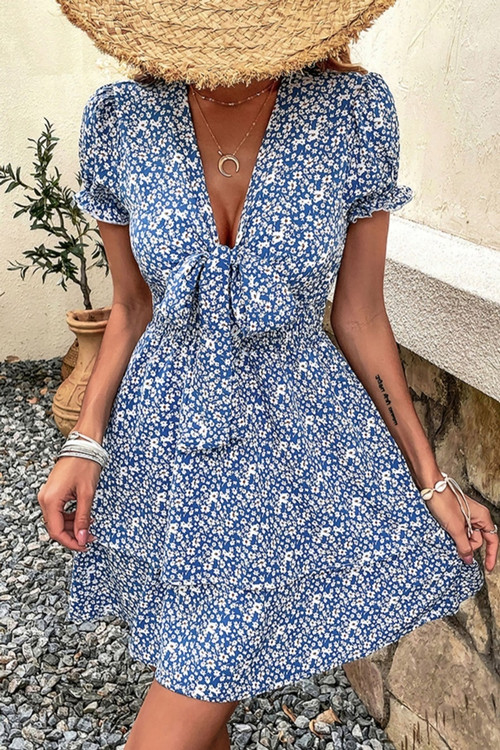 Summer New Stylish Floral Batch Printing Inelastic V-Neck Lace-Up Short Sleeves Casual Mini Dress - Vougese