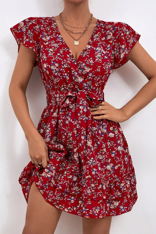 Summer New Stylish Floral Batch Printing Inelastic With Belt V-Neck Casual Mini Dress - Vougese