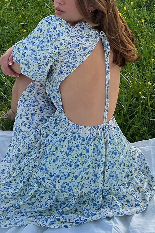 Summer New Stylish Floral Batch Printing Micro Elastic Lace-Up Backless Puff Sleeves Sexy Mini Dress - Vougese