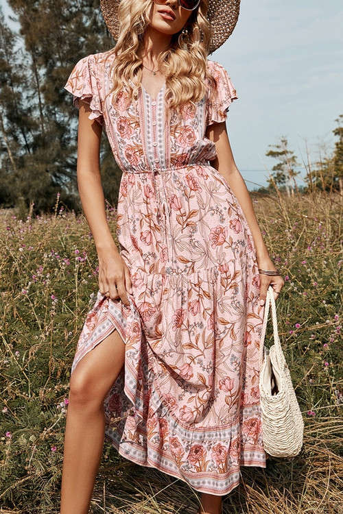 Summer New Stylish Floral Batch Printing V-Neck Short Sleeve Casual Midi Dress - Vougese