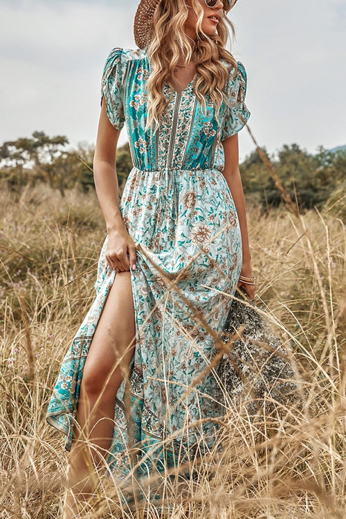 Summer New Stylish Floral Batch Printing V-Neck Short Sleeve Slit Stretch Casual Maxi Dress - Vougese