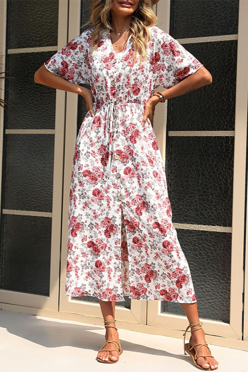 Summer New Stylish Flower Batch Inelastic V-Neck Single-Breasted Split Lace-Up Casual Midi Dress - Vougese