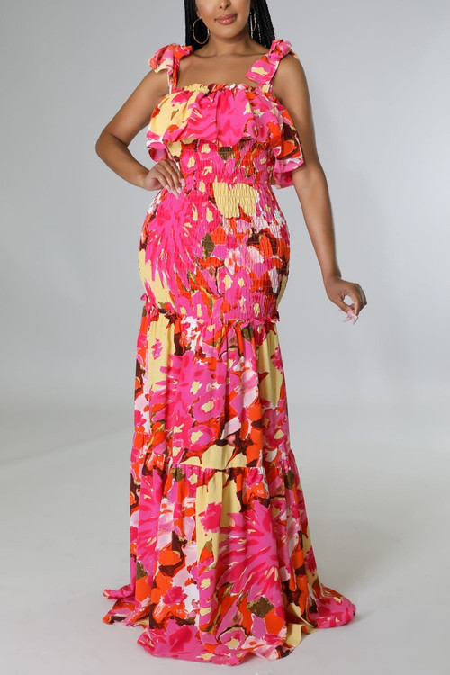 Summer New Stylish Flower Batch Printing Stretch Sling Lace-Up Backless Casual Maxi Dress Dresses - Vougese