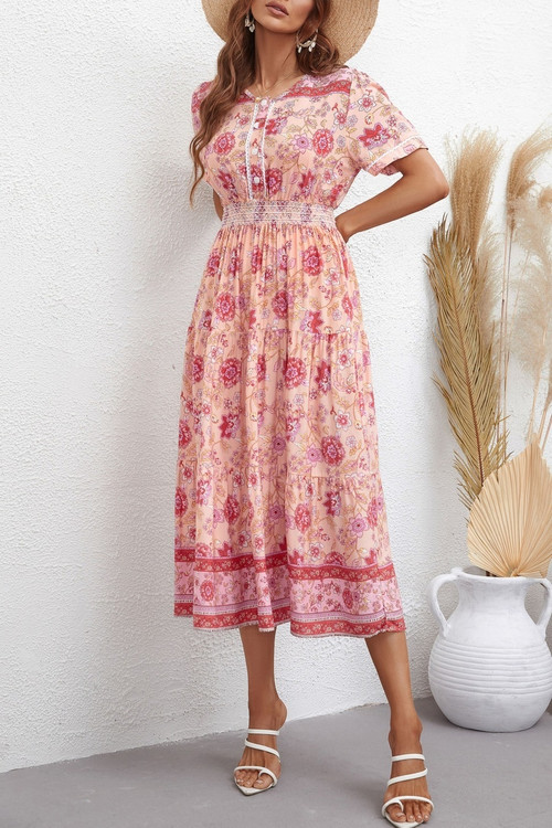 Summer New Stylish Flower Printing Single-Breasted Micro Elastic Short Sleeves Casual Midi Dress - Vougese