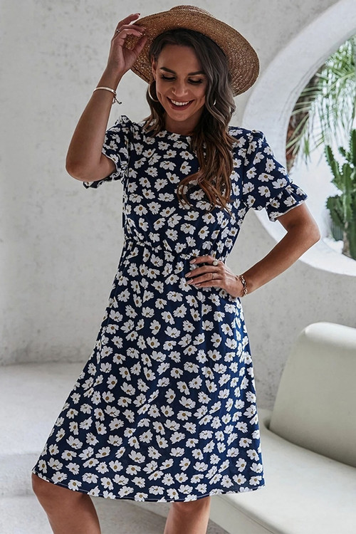 Summer New Stylish Inelastic Daisy Batch Printing Short Sleeves Casual Midi Dress - Vougese